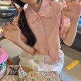 Sweet Cute White Shirt Women Pink Ruffles Puff Sleeve Blouse Student Summer Kawaii Preppy Japanese Loose Casual Crop