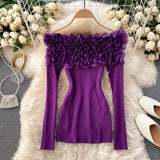 Slash Neck Off Shoulder Knitted Tops Women Elegant Purple/Red/White 3D Flower Long Sleeve Slim Shirt Female Blouse