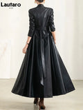 Spring Autumn Long Black Soft Waterproof Faux Leather Coat Women Belt Long Sleeve Single Breasted Luxury Fashion