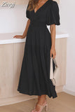 Women's Dress 2023 White Puff Sleeve A-line Deep V Neck Dress Sexy Beige Casual Long Vintage Elegant Black Midi