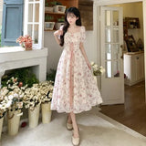 Fashion Summer 2023 Chiffon Lace Fairy Dress Retro Square Neck Crushed Flowers Princess Sleeve High Waist Sweet