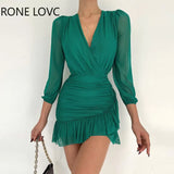 Women Solid Deep V Neck Folds Ruffles HemChiffon Three Quarter Long Sleeves Mini Working
