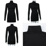 Ribbed Knit Turtleneck Long Sleeve Winter Runched Dresses For Women 2022 Autumn Bodycon Lady Short Black Sheath Mini