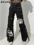 SUCHCUTE Gothic Bandage Women Baggy Jeans Punk Style Egirl Black Denim Trousers Y2K Dark Academia Hight Waist Streetwear