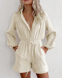 Queens Women Boho Bodysuits Solid Long Sleeve Pockets Loose Rompers Bohemian Polyester Sashes