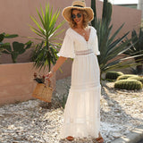 Queens Vintage Women Solid V-neck Short Butterfly Sleeve Ruffles Beach Maxi Dress Ladies Chiffon Lace Hollow Out