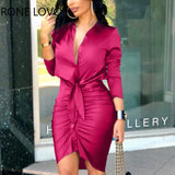 Women Lace-up Solid Color Long Sleeve Midi Dress Shirt Dress Elegant Fashion Party
