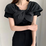 Zingj Chic Summer Simple Elegant V Neck Kink Design Sense Pure Color Slim Thin Fly Sleeve T-Shirt Jacket Women-Outfit