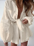 Long Sleeve Lapel Single Breasted Cardigan Shirt + Elastic Waist Shorts 2 Piece Set Women Casual Loose Solid Pocket