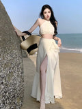 Women Beach Two Piece Set Sexy Strap Short Tops & High Waist One-Piece Lace Up Skirt Outfits Korean Fashion