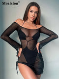 2 Pcs Set Off Shoulder Mesh See Through Slit Mini Dress Bandage One Pcs Bikini Swimsuit 2022 Summer Women Beach