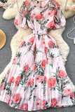 Bohemian Women Floral Print Pleated Midi Dress Elegant Round Neck Puff Sleeve High Waist A-Line Draped Beach Vestidos