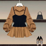 Women Puff Long Sleeve Patchwork Fake Two Piece Blouse For Women Turn Down Collar High Waist Shirt Office Ladies
