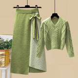 Women Autumn Winter Warm Knitted Two Pieces Sets Korean Long Sleeve Pullover Sweater Top And High Waist Skirts