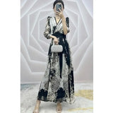 Elegant Fashion Vintage Print Waist Lace Up Long Dress Women Sexy V-neck Temperament Dresses Casual Robe Vestidos