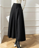 Women Woolen Skirts For Female Pockets Office Ladies Casual Loose A-Line High Waist Midi Skirt Autumn Winter Black