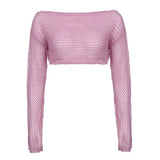 2000s Fashion Pink Knitted Long Sleeve Covers Women Autumn Y2K Streetwear O-neck Hollow Out Cropped Pullovers Cute