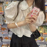 Sweet Cute White Shirt Women Pink Ruffles Puff Sleeve Blouse Student Summer Kawaii Preppy Japanese Loose Casual Crop