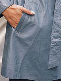 Spring Autumn Classy Blue Faux Leather Trench Coat for Women Belt Elegant Luxury Designer Clothes Runway Fashion
