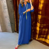 Spring Summer Casual Loose Long Dress Fashion Ladies V-neck 3/4 Sleeve Beach Dress Vintage Pocket Straight Bohemian