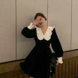 Korean Long Sleeve Mini Dress Women Spring Vintage Slim Vestidos Sweet Female Ruffles Peter Pan Collar Black Velvet