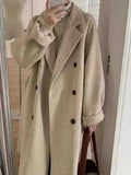 Women Double Breasted Loose Woolen Coat Lapel Collar Long Sleeves Solid Women's Casual Oversize Autumn Winter