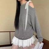 Lace Tie Oversized Patchwork Knitted TeeOutfit