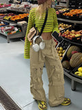 Streetwear 90s Belted Big Pockets Trim Oversized Cargo Pants Y2K Fashion Low Waist Wide-Leg Full Length Khaki