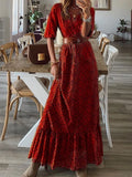 Chic V Neck Spring Summer Maxi Dress Loose Casual Ruffle A-Line Dress Elegant Floral Printed Women Half Sleeve
