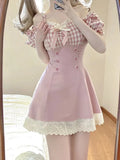 Pink Plaid Bow Princess Mini Dress Women 2023 Summer Sexy Slim Slash Neck Lace Ruffle Kawaii Y2k Lolita Female