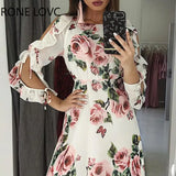 Women Chic All Over Print Floral Lace up Ruffle Hem Sleeve Hollow out Midi
