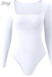 Women Square Neck Casual Bodysuits Tops Ribbed Solid Slim Fit Long Sleeve Short Jumpsuits Clubwear Streetwear