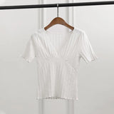 Knitting Mesh Femme Elegant Encolure V Puff Sleeved knit Chic T Shirt Pull Fancy Maille à manches courtes 2021 Retro