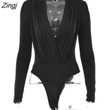 V Neck Brown Bodysuit Women Autumn Long Sleeve Top Bodies Sexy 2023 Female Overalls Casual Bodycon