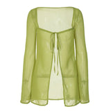 90s Vintage Bandage Slit Hem Green Chiffon Long Tops Y2K Sexy Drawstring Square Collar Flare Sleeve T-shirts Rave