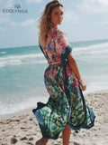 Bohemian Printed Short Sleeve Self Belted Side Split Summer Beach Dress Green Cotton Tunic Women Beachwear Maxi Dress