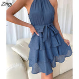 Slim Sexy Strapless Halter Dress Women Summer Dresses 2022 New Chic Solid Sleeveless O-neck Tie Waist Ruffle Mini