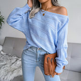 Explosion Autumn And Winter Word Collared Shoulder Hollow Knitted Casual Knitted Sweater Women's