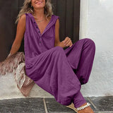 Button Sleeveless Beach Romper Simple Solid Cross-pants Lady Playsuit Women Casual Loose Hooded Jumpsuit Summer