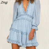 Elegant Ruffles Print Mini Dress Women Sexy Halter V-neck long-sleeved waist Puff sleeve Dresses 2022 women
