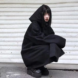 Harajuku Black Jacket Women Dark Academic Long Sleeve Loose Hooded Midi Outwear Bf Streetwear Oversized Casual Capes