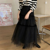 Quality Skirts Women Summer Casual Elastic High Waist Mesh Midi Skirt Spring Female Skirts Elegant Flocking Polka Dot