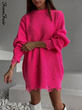2021 Knitted Green O Neck Pullover Long Sleeve Y2K Oversized Sweater Dresses Women Party Sexy Club Sweater Top