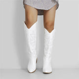 Onlymaker Women White Knee High Boots Western Cowboy Boots Wide Calf Embroidered Pointed Toe Block Heel Pull-On Cowgirl