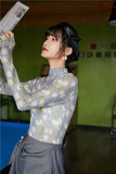 Lilac Tulip Floral Mesh Top Long Sleeve Tees T Shirt Women Tshirt Turtleneck Transparent Ladies Top Korean