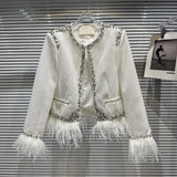 2022 Winter New Arrival Long Sleeve Feathers Rhinestone Round Neck White Short Jacket Women
