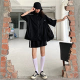 BF Oversized Sets Women Solid Zipper Sweater Elastic High Waist Wide Leg Soft Pants Simple Casual Korean Daily Student