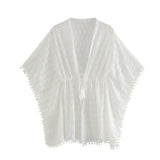 Queens Women Batwing Sleeve Loose Beach Bohemian Kimono Ladies V Neck Sashes White Lace Summer Boho Bikini