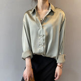 Fashion Button Up Satin Silk Shirt Vintage Blouse Women Spring White Lady Long Sleeves Female Loose Streetwear