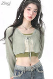 Sleeve Hollow Out Knitted Cardigan Short Green Sweaters Women Fake Two Piece Tanks Slim Y2k Sets Hotsweet Crop